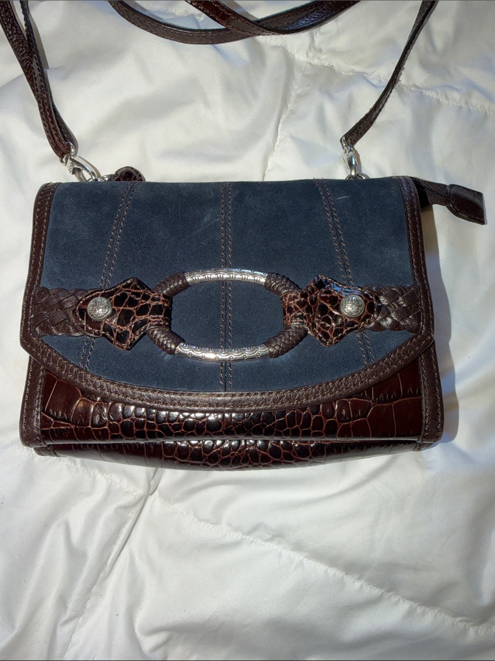 Vintage Brighton Brown Croc-Trim Blue Suede Crossbody Bag with Decorative Ring